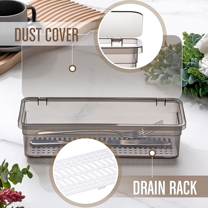 Remerry 6 Pcs Flatware Tray with Lid and Drainer, Plastic Utensil Organizer, Kitchen Cutlery Transparent Storage Box with Lid and Drain Rack, Drawer Tableware Storage Box for Home and Travel (Grey)