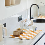 Checkered Dish Drying Mat for Kitchen Counter, Coffee Bar Station Accessories, Retro Cute Fall Aesthetic Modern Absorbent Drainer Mat Kitchen Drying Mat Easy Clean, Orange 12" x 19"