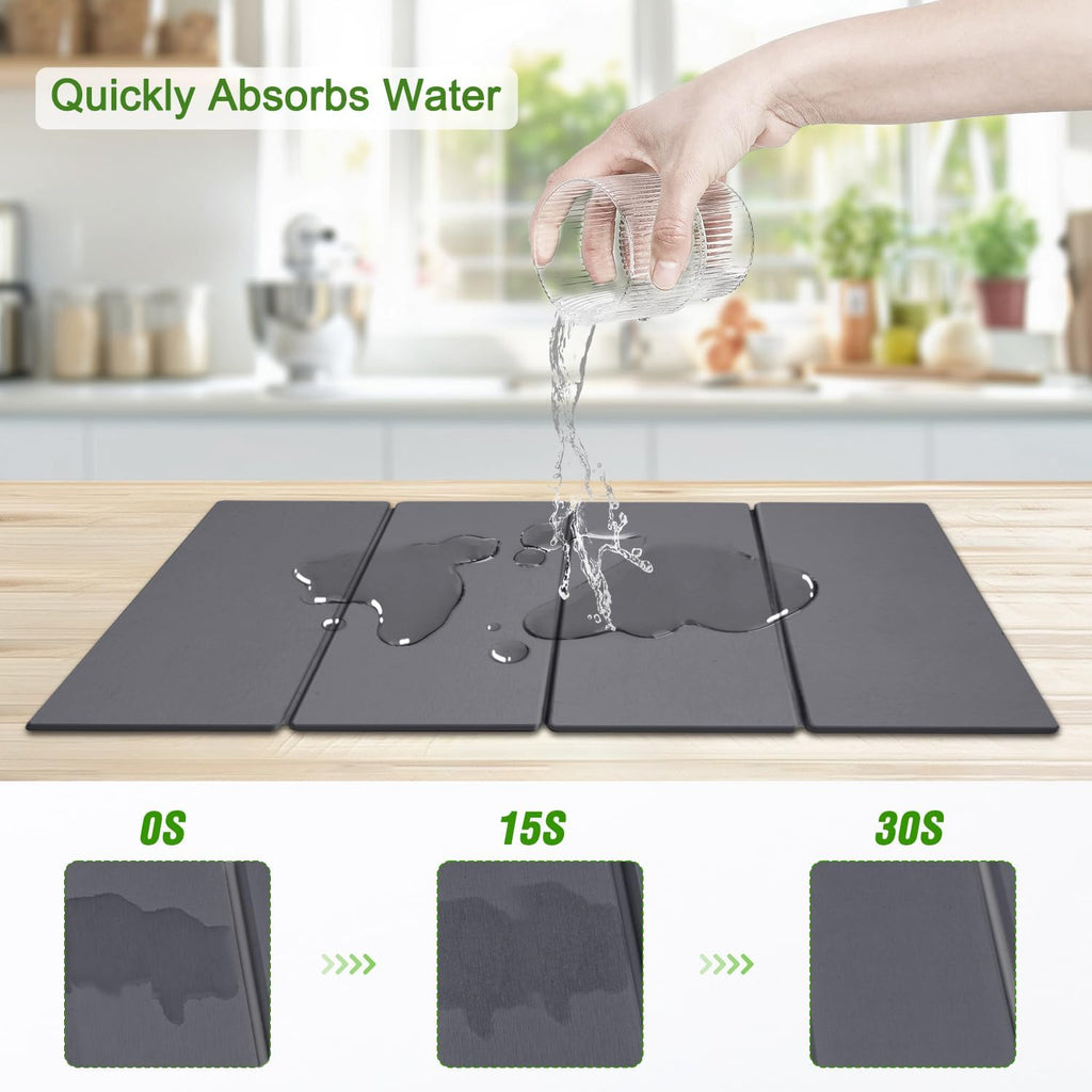 Large Dish Drying Mat for Kitchen Counter,24"×16"Fast Dry Pad Absorbent Countertop Mat, Heat-resistant Mat,Diatomaceous Earth Mats,Gray