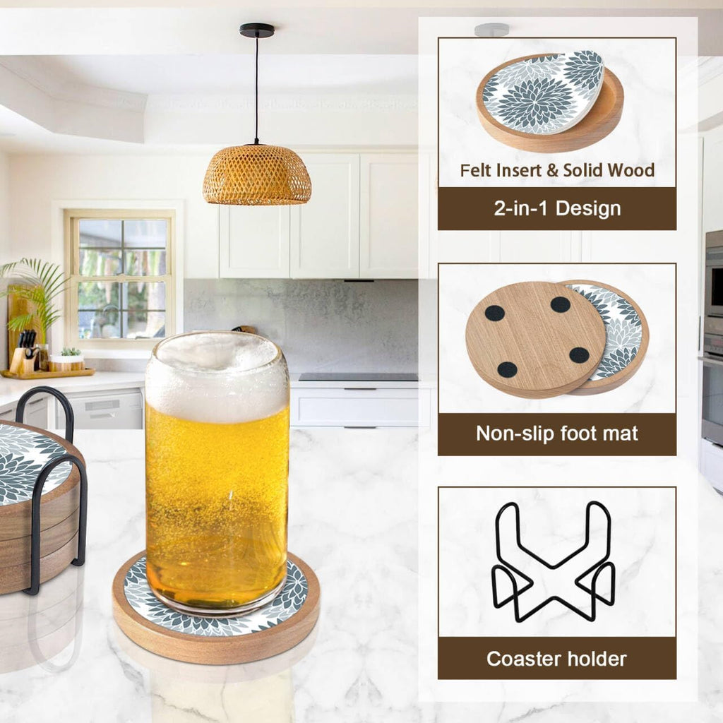 Wood Coasters Set of 4 with Holder, Cewiru Cup Mat for Drinks, Absorbent Coasters with Felt Insert for Coffee Table Protection, Modern Style Home Dining Table Decor, 4.3" Grey