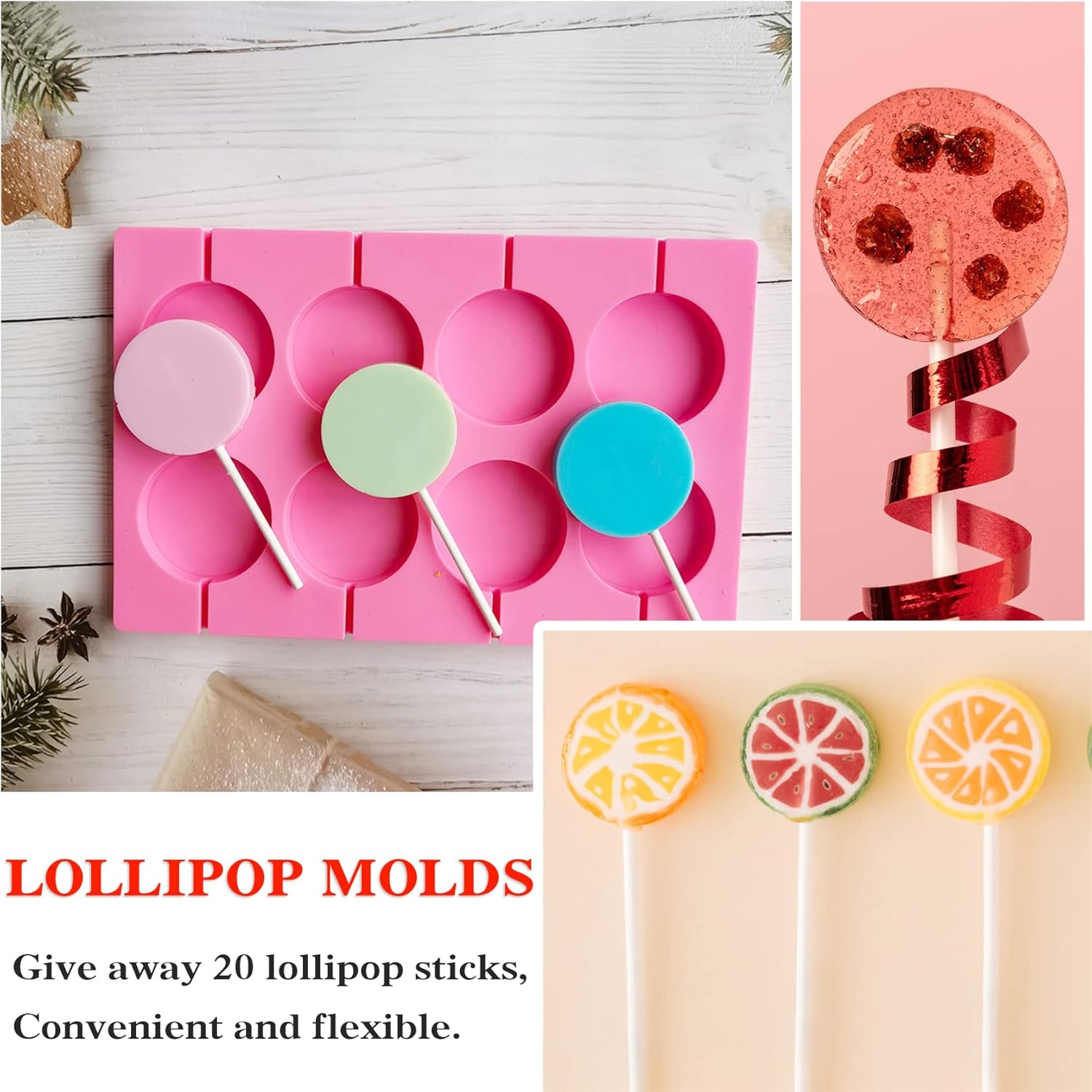 Silicone Lollipop Molds Candy Molds Silicone Sucker Molds Hard Candy Mold & 8 Rounds Nonstick Lollipop Mold With 20 Sticks for Candies,Bread,Jellies,Chocolate,Etc