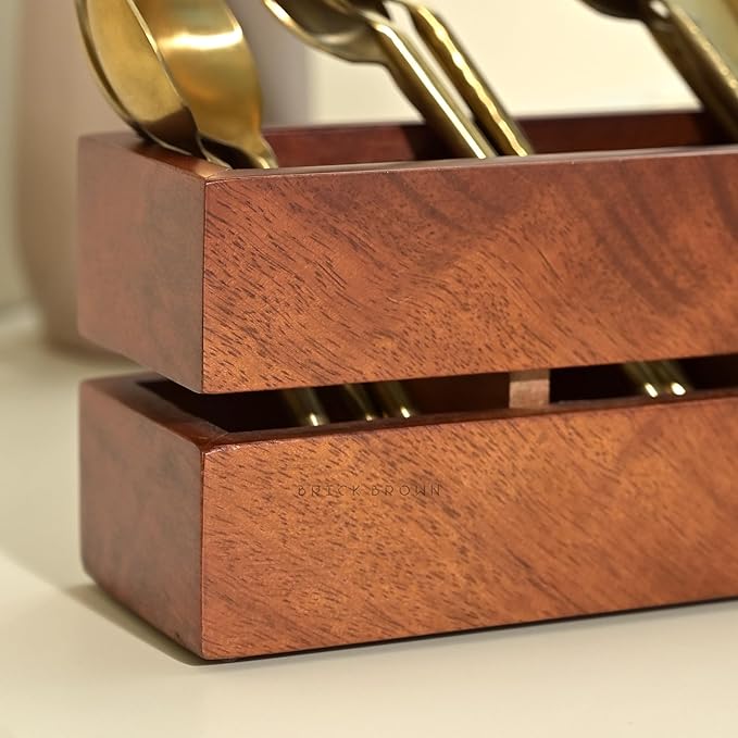 Brick Brown Premium Handcrafted 3-Partition Wooden Cutlery Holder Storage Spoon, Knife, Fork, Chopstick Caddy Self Organizer Stand for Home Kitchen Tableware Restaurant in Mahogany(9.1x3x3.9Inch)