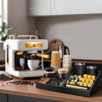 Coffee Station Organizer Coffee Condiment Service Tray with 9 Compartment for Counter, Wood Coffee Bar Supplies Organizer for Home Office Breakroom Two-in-One Black