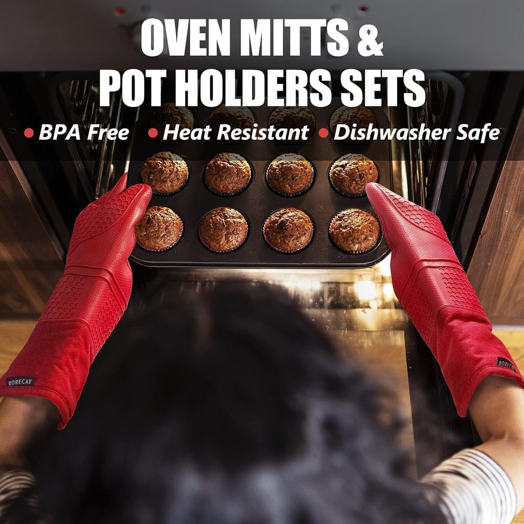 Rorecay 6pcs Oven Mitts and Pot Holders Sets for Kitchen, Extra Long Silicone Oven Gloves Heat Resistant 500 Degrees Non-Slip Potholders Hot Pads for Baking Cooking, Quilted Liner, Red