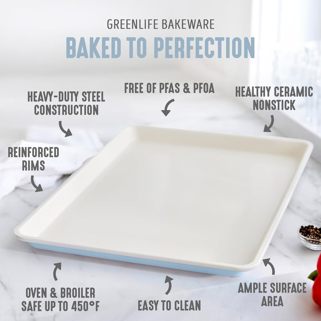 GreenLife Bakeware 18” x 13” Half Cookie Sheet Baking Pan, Non-Toxic PFAS-Free Healthy Ceramic Nonstick, Oven Safe to 450°F, Easy Release, Even Heating, Easy Clean, Blue Haze