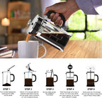 QUQIYSO French Press Coffee Maker 304 Stainless Steel French Press with 4 Filter, Heat Resistant Durable, Easy to Clean, Borosilicate Glass Coffee Press, 100% BPA Free Glass Teapot, 21 ounce, Silver