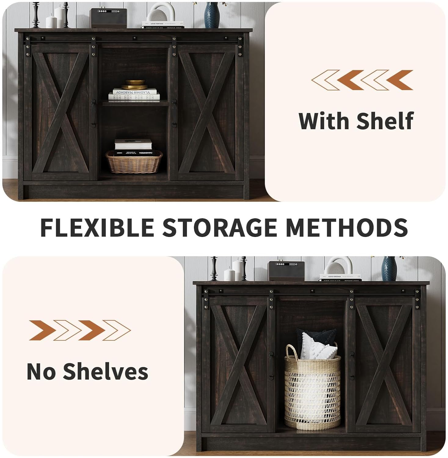 4 EVER WINNER Coffee Bar Cabinet with Sliding Barn Doors, 42” Sideboard Buffet Cabinet with Storage, Farmhouse Coffee Bar Station Table Liquor Wine Bar with Shelves for Kitchen, Espresso