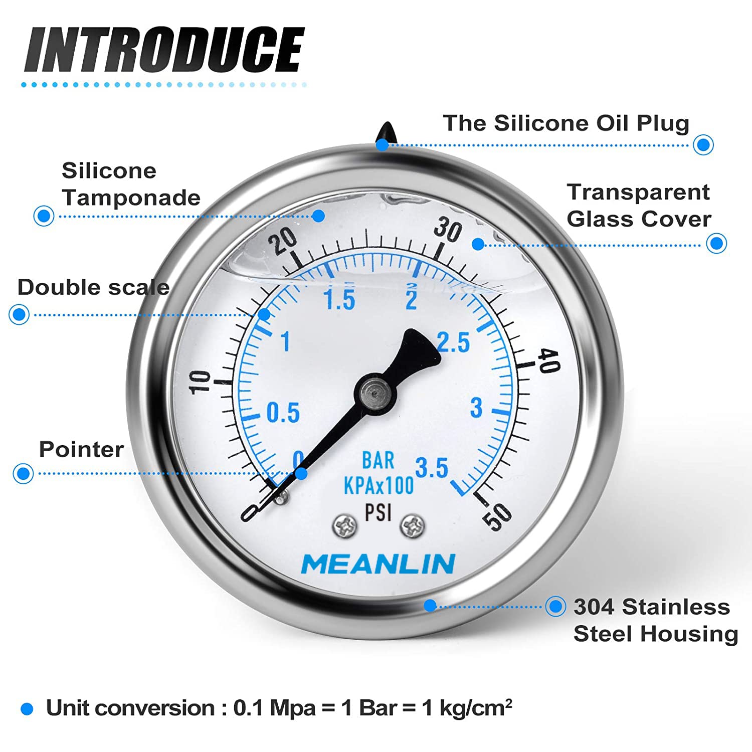 MEANLIN MEASURE 0~50Psi Stainless Steel 1/4" NPT 2.5" FACE DIAL Liquid Filled Pressure Gauge WOG Water Oil Air Center Back Mount, with 1/4" x 1/2" NPT and 1/4" x 3/8" NPT Hex Bushing