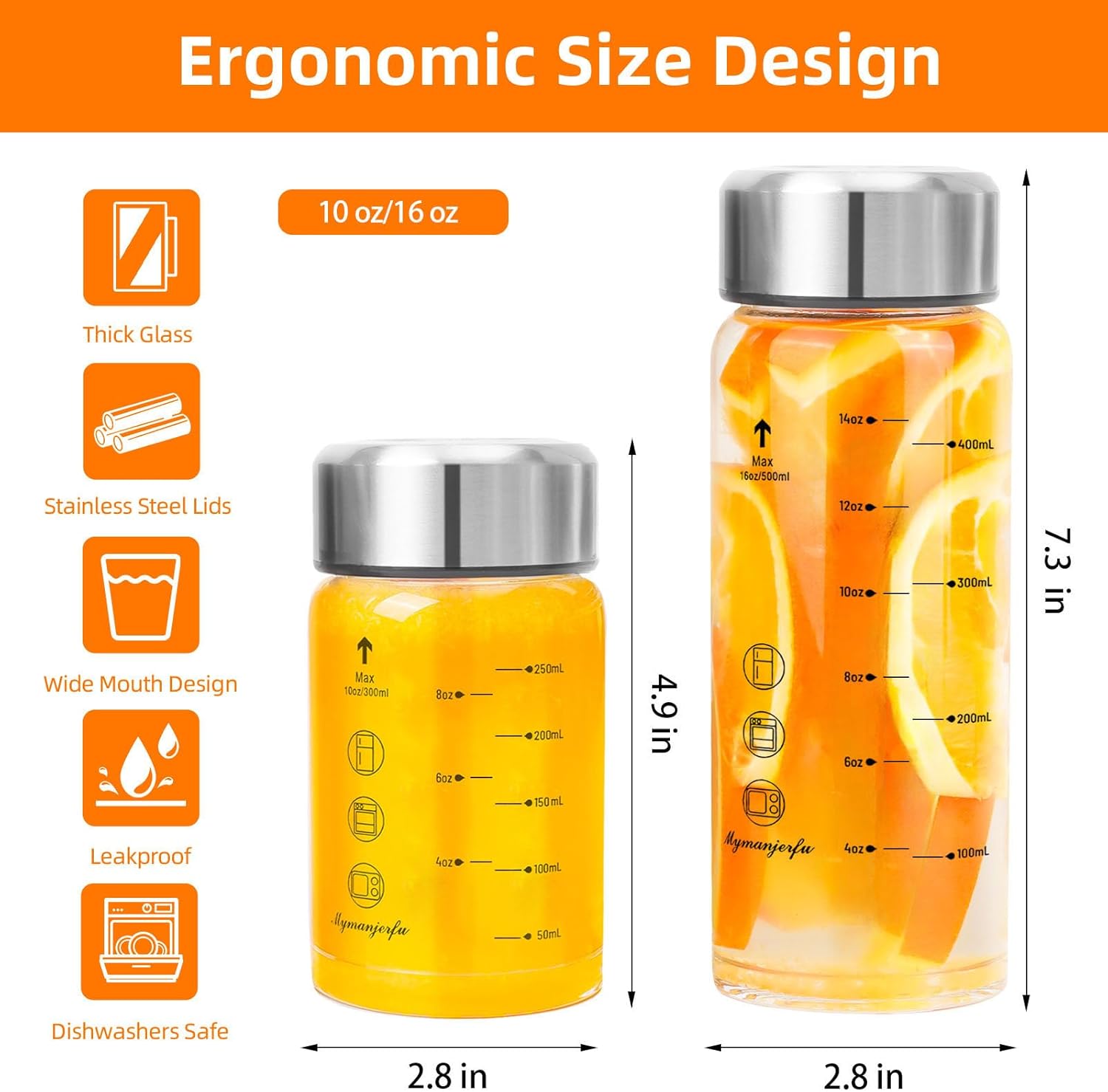 Glass Juice Bottles 4 Pack 10 oz - Wide Mouth Glass Water Bottles with Lids - for Juicing, Smoothies, Milk, Protein, BPA Free, Reusable, Stainless Steel Lids, Leak Proof, Shaker bottle [10oz/300ml]