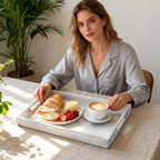 S310 Rustic White Wood Serving Tray with Handles, 17 Inch Wooden Tray for Ottoman, Breakfast, Lunch, Dinner, Decorative Rectangular Tray for Living Room, Kitchen Counter, Outdoor