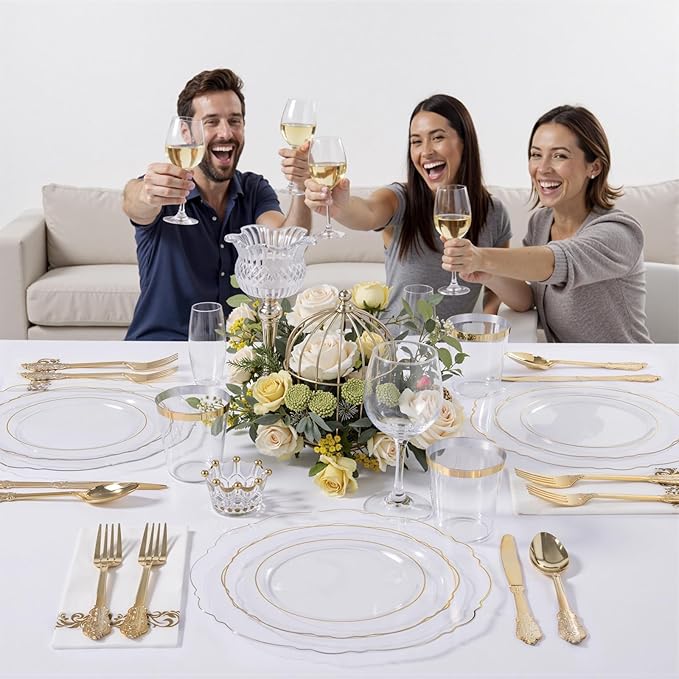 KIRE 210Pcs Clear and Gold Plastic Plates - Heavy Duty Clear Plates with Gold Rim - Disposable Dinnerware Sets of 60 Plastic Plate 90 Silverware 30 Cups 30 Napkins for Wedding/Thanksgiving Parties