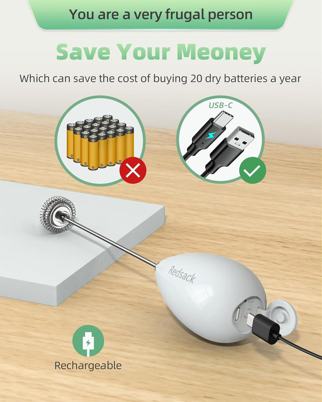 Rechargeable Milk Frother Handheld, Travel Portable Frother Wand for Coffee, USB C Electric Whisk with Stand & Case, Waterproof Hand Drink Mixer for Lattes, Cappuccino, Matcha, Egg (White)