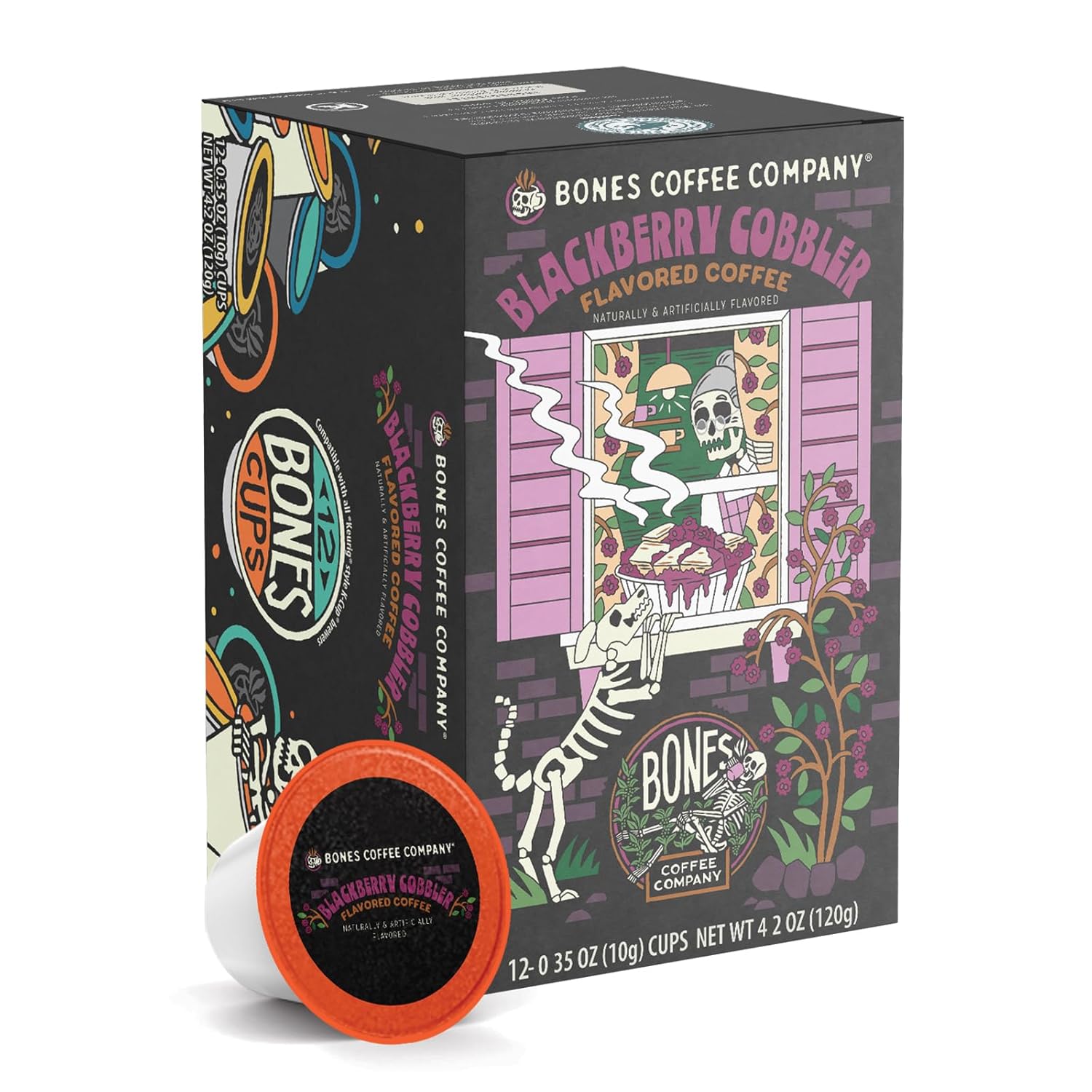 Bones Coffee Company Blackberry Fruit Cobbler Flavored Coffee Pods, Low Acid Medium Roast Single-Serve Bones Cups, Compatible with 1.0 & 2.0 K-Cups Brewers Coffee Maker, 12 Count