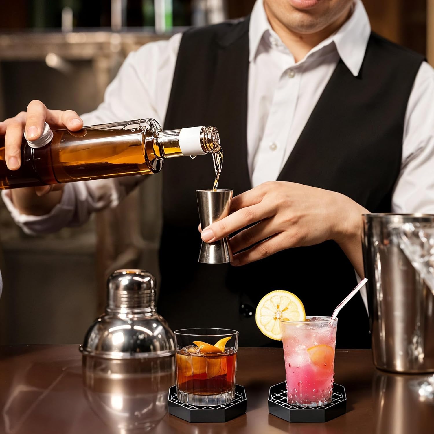 10 Pcs 4 Inch Coffee Drip Tray, Black Plastic Octagon Coffee Countertop Drip Coaster with Detachable Grid Drip Tray for Drink Dispenser Bar Restaurant Party