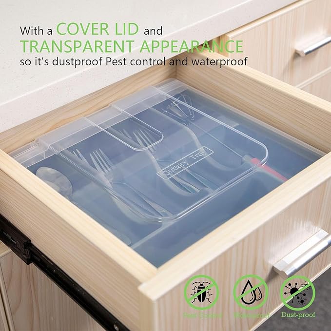 Silverware Organizer with Cover, Portable Cutlery Holder Flatware Tray with Lid Plastic Silverware Storage Box (Dark Gray)