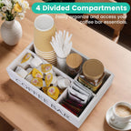 Coffee Bar Organizer – Wooden Coffee Station with 4 Compartments, Removable Dividers, and Condiment Storage for Home & Office