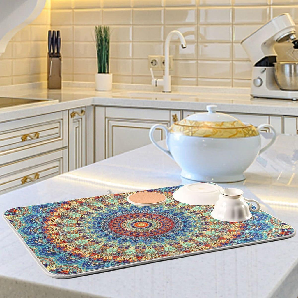 Bohemian Mandala Dish Drying Mat for Kitchen Counter Boho Ethnic Drying Mat 16 x 18 Inch with High Absorbent Reversible Microfiber Dish Drying Pad Dish Rack Pad Drainer Mat for Coffee Bar