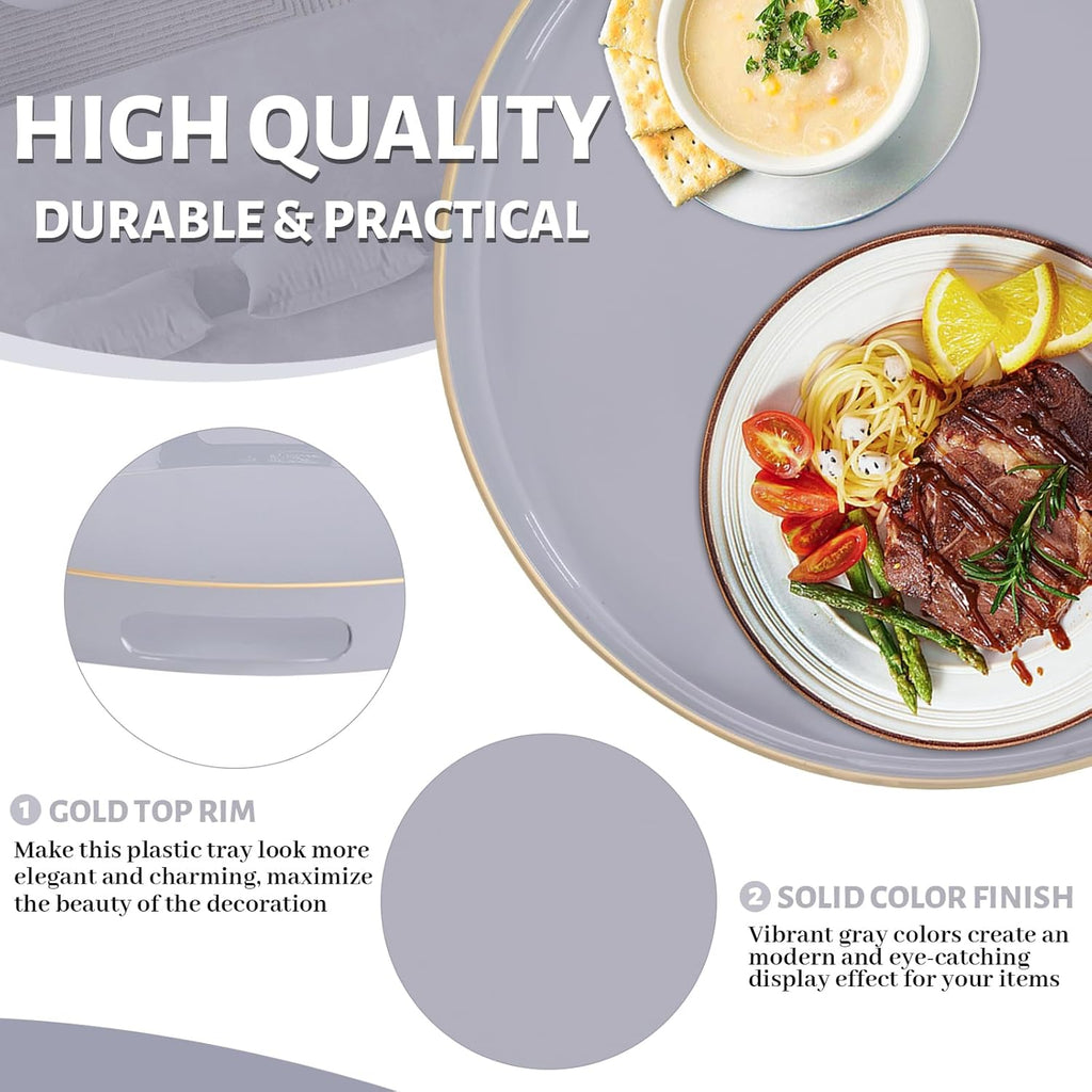 MAONAME 13" Gray Round Tray, Grey Serving Tray with Handles, Modern Round Decorative Trays for Coffee Table, Plastic Trays for Ottoman, Bathroom, Decor