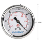 Glycerin Filled Vacuum Pressure Gauge, 2-1/2" Clear dial,1/4" NPT Back Connection, Stainless Steel Case, Brass Movement, Dual Scales -30inHg/-1BAR-0