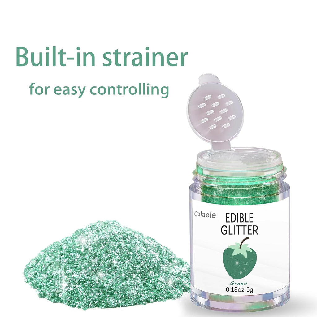 Green Edible Glitter Glimmer Powder for Cakes Drinks - Colaele 5 grams Food Grade Luster Dust Metallic Food Decorating Sprinkle Disco Brew Dust for Cake Decorations Wine Beverage Candy Dessert, Vegan