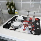 Black Snowman Dish Drying Mats for Kitchen Counter, Winter Snowflake Dish Mat Absorbent Reversible Microfiber Dish Drying Pad Christmas Kitchen Drying Mat Dish Drainer Rack Mats for Bar 18”x24”