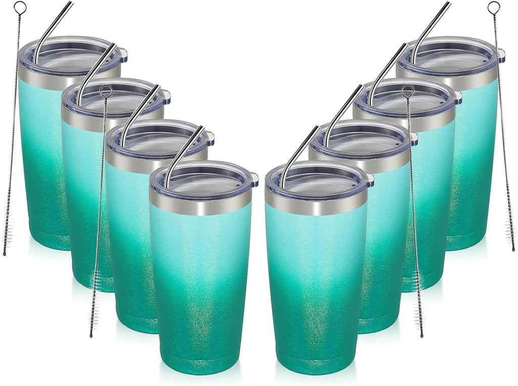 MEWAY 20oz Tumbler 8 Pack Double Wall Vacuum Insulated Travel Glitter Mug Bulk, Stainless Steel Tumblers with Lid and Straw, Powder Coated Coffee Cups for Woman(Gradient Green,Set of 8)
