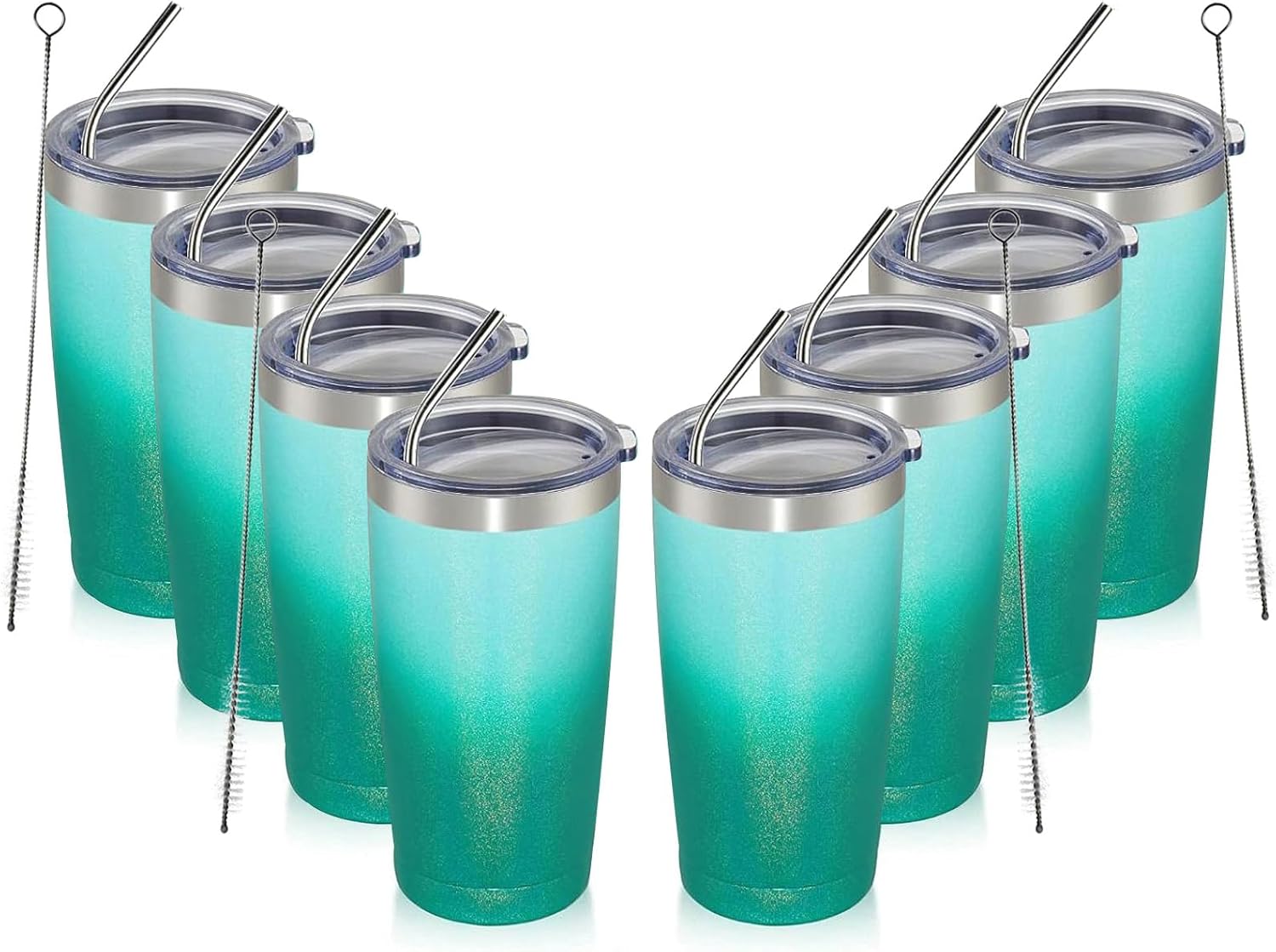 MEWAY 20oz Tumbler 8 Pack Double Wall Vacuum Insulated Travel Glitter Mug Bulk, Stainless Steel Tumblers with Lid and Straw, Powder Coated Coffee Cups for Woman(Gradient Green,Set of 8)