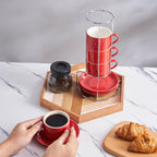 8 Ounce Porcelain Cappuccino Cups with Saucers and Silver Stand, Red Cups Set of 4