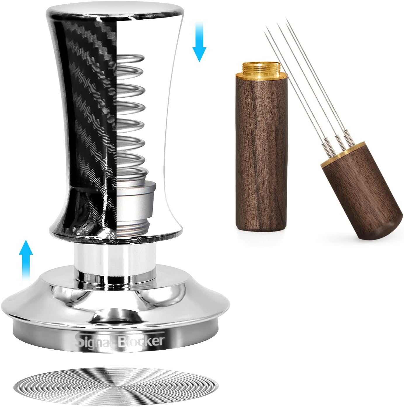 51mm Espresso Coffee Tamper for Espresso Machine: Calibrated Spring Loaded & Stainless Steel Ripple Base - Carbon Fiber Handle with Constant 30lb Fits All 51mm Portafilters | Bundle Including WDT Tool