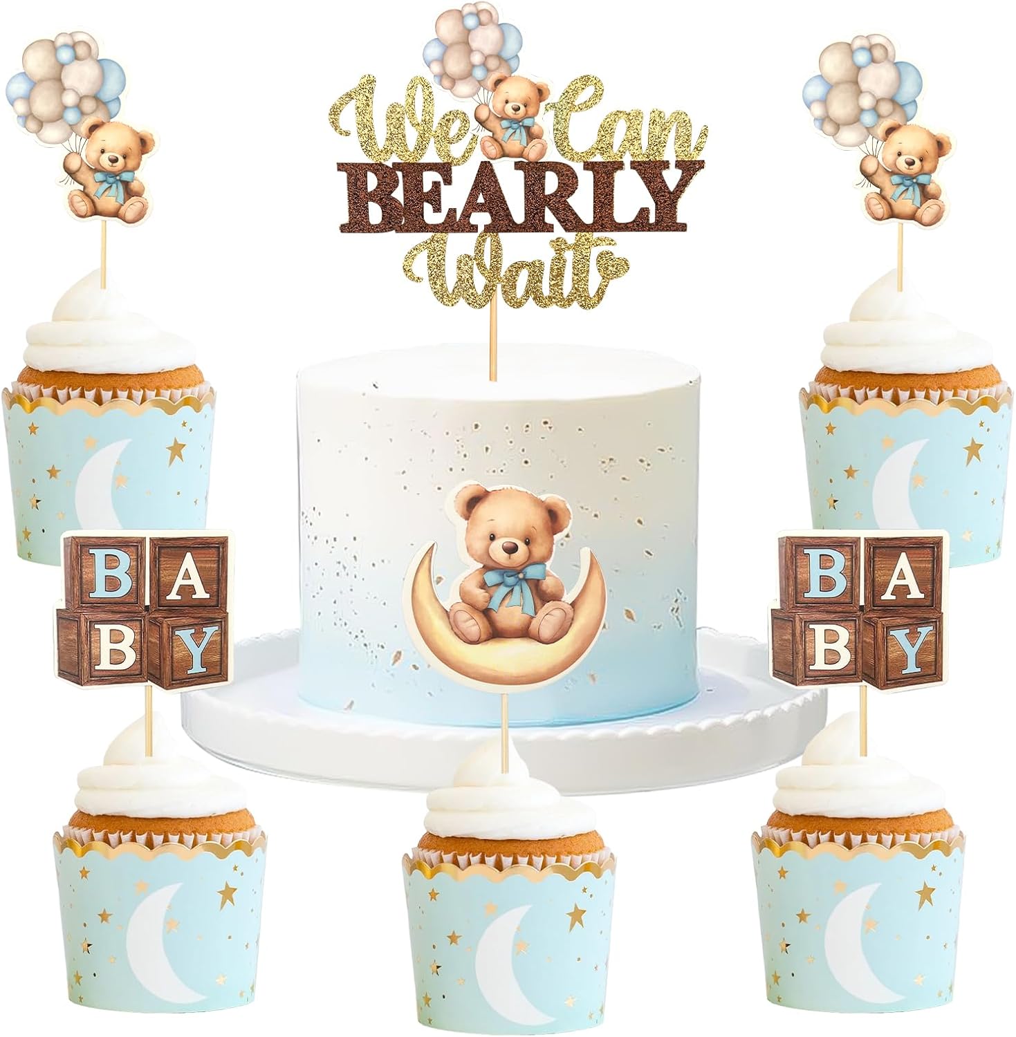 MEMOVAN Bear Baby Shower Cupcake Topper 25pcs We Can Bearly Wait Cake Cupcake Topper Bear Cake Cupcake Decoration for Baby Boy We Can Bearly Wait Bear Theme Birthday Baby Shower Gender Reveal Party