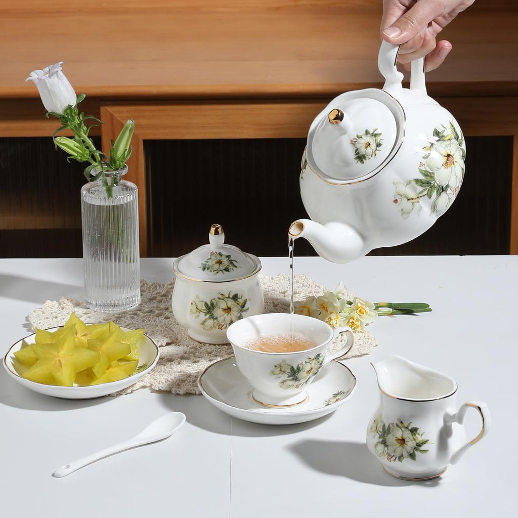 Sweejar Porcelain Tea Sets, Vintage British Floral Relief Gold Rimmed Teapot Cup and Saucer Set, Tea Set Service for 6, with Teapot, Sugar Bowl, Milk Jug, Spoons, Tea Cup and Saucer (Camellia)