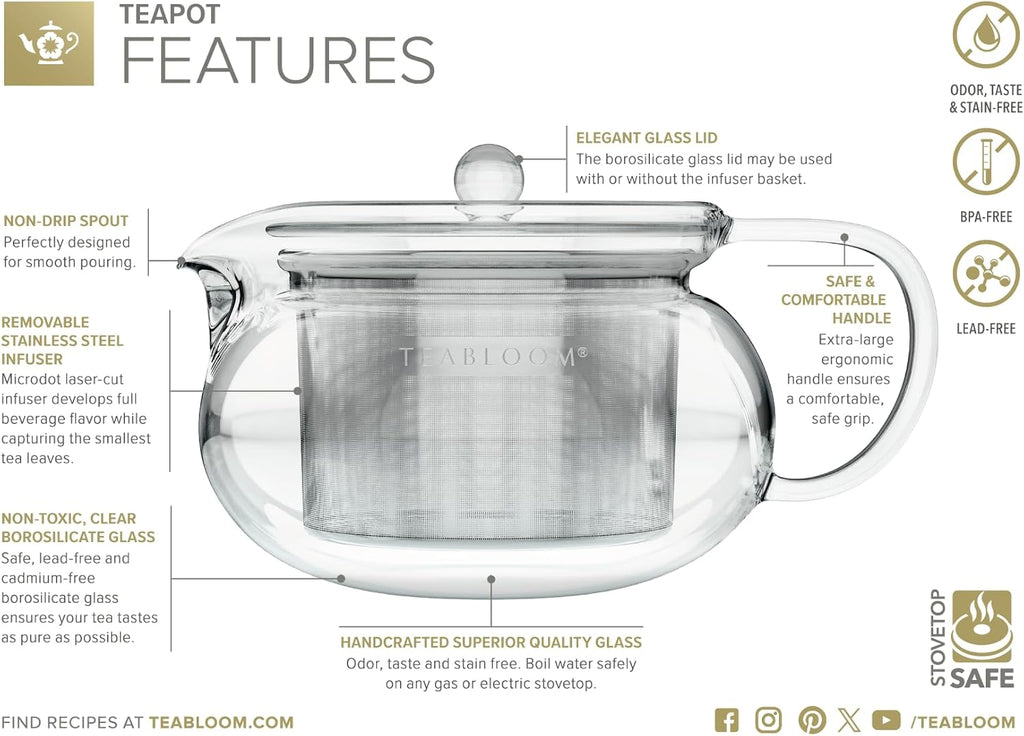 Teabloom Kyoto 2-in-1 Tea Kettle and Tea Maker – Glass Teapot with Removable Loose Tea Infuser – Tea Connoisseur's Choice
