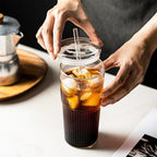 Glass Tumbler with Straw and Lid, 20 OZ Clear Iced Coffee Glasses Cups for Ice Water, Juice, Tea, Milk, Smoothie and Cold or Hot Drinks, Set of 2