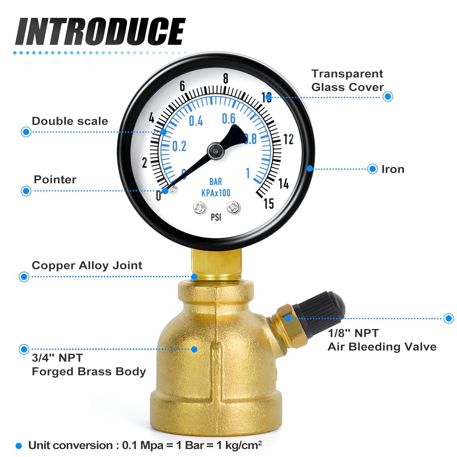 MEANLIN MEASURE 0-15Psi Forged Brass Air Test Pressure gauges, 3/4" FNPT Connection, 2" Double Graduated, Bell Shape Body Assembly, -3-2-3% Accuracy