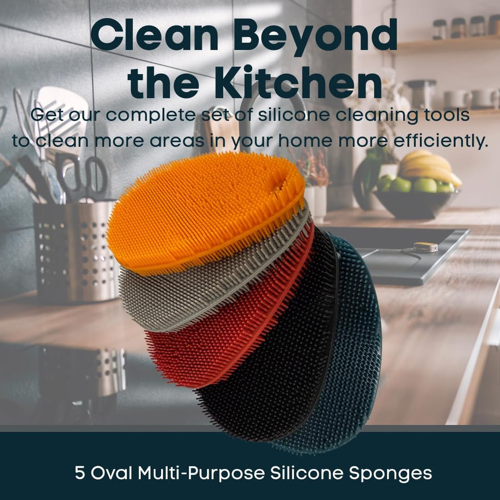 Silicone Sponge Dish Scrubber - Food Grade and Housecleaning - BPA Free Silicone Kitchen Scrubber [5 Pack Ovals Winter]