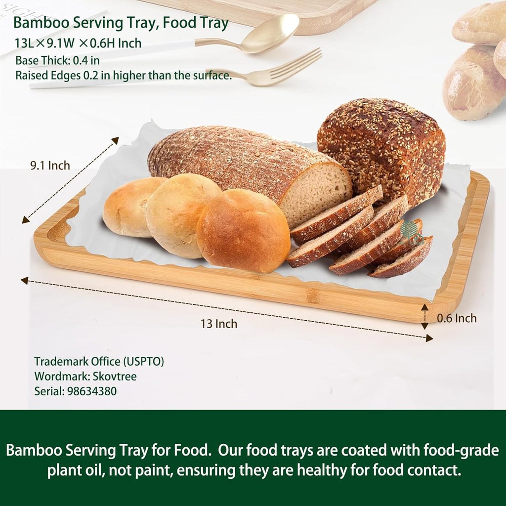 Bamboo Tray for Serving Food, Tray for Eating and Serving Coffee, Tea, 13.0×9.1 Inch