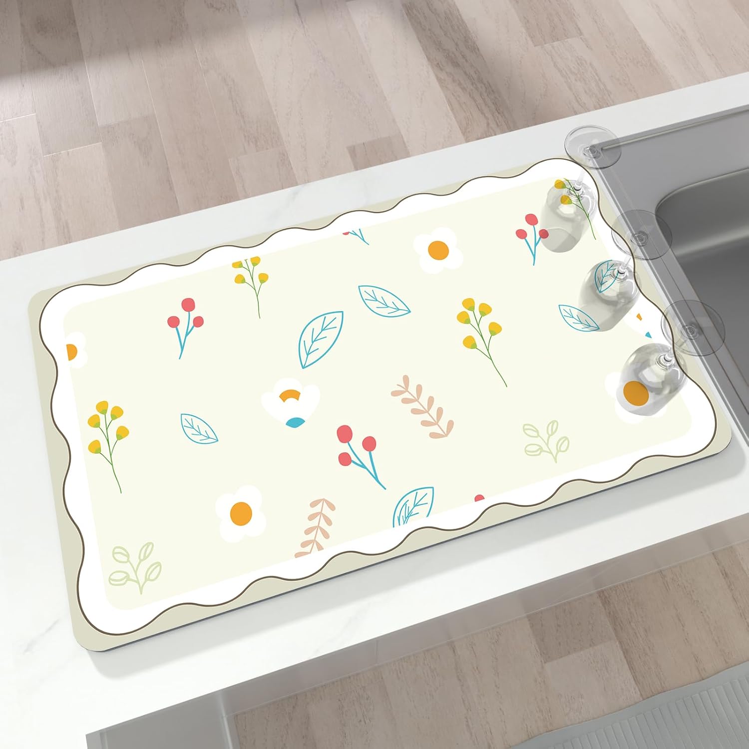 Dish Drying Mat 16" X 24", Super Absorbent & Cuttable Coffee Mats for Countertop, Kitchen Counter Mat Fits Under Coffee Maker or Machine, Hide Stain Drying Pad for Dish Drying Rack, Cute Flower