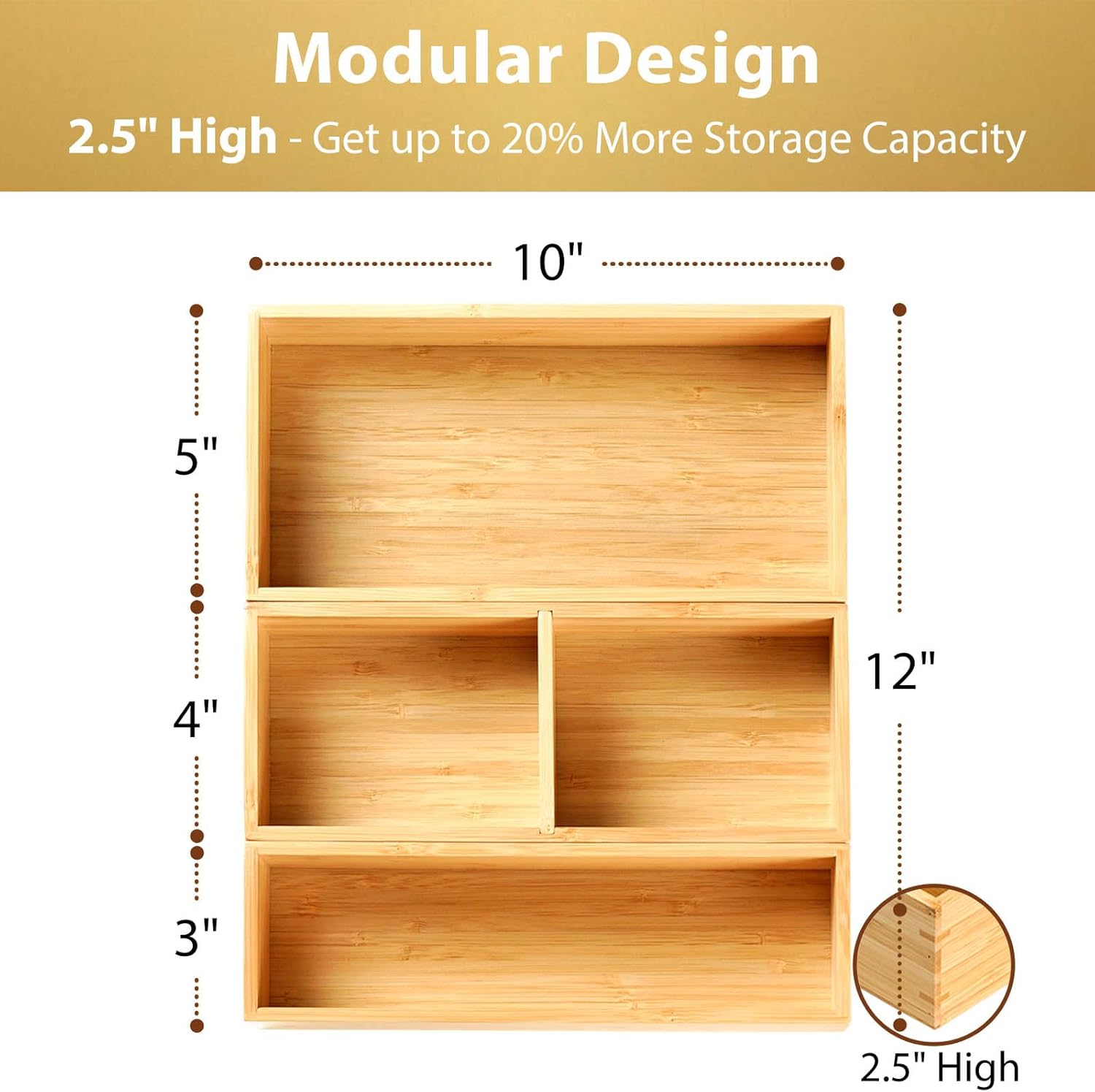 Umilife Drawer Organizer Storage Boxes, 2.5" High Bamboo Drawer Dividers, 3 Rearrangeable Bins for Kitchen, Office Desktop, Clothing, Makeup, vanity, Jewelry