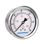 MEASUREMAN 2-1/2inch Dial Size, Liquid Filled Pressure Gauge, 0-60psi/400kpa, 304 Stainless Steel Case, 1/4inchNPT Back Mount