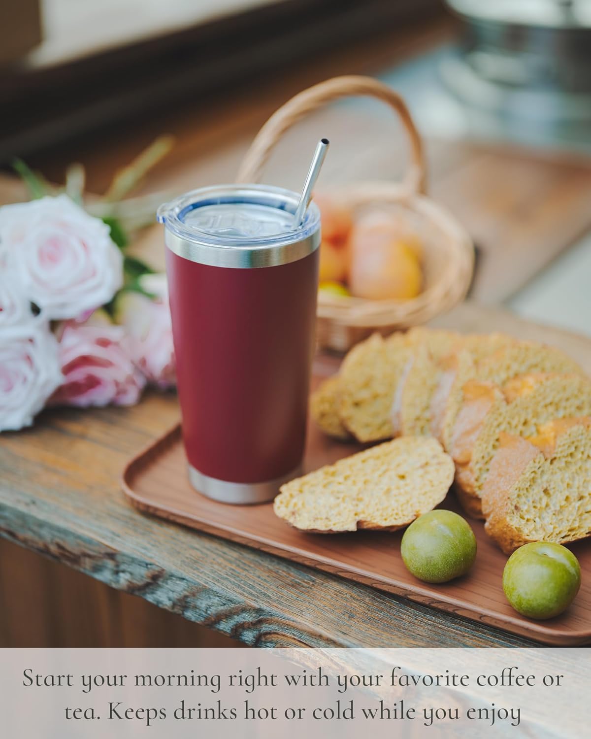 Travel Coffee Tumbler 20oz, 1 Pack Leakproof Travel Coffee Mug with Lid and Straw, Stainless Steel Double Wall Vacuum Insulated Tumbler for Hot/Iced Drinks (Textured Matte, Lilac Pink)