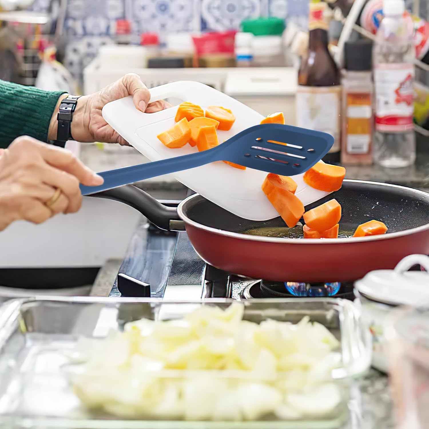 Silicone Kitchen Cooking Utensils Set: MOACC Heat Resistant 13inch Long Kitchen Gadgets, BPA Free Non Stick Rubber Cook Accessories For Food Prep, Frying, Serving, Basting (Dark Blue)