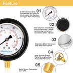 Water Pressure Gauge 2-1/2" Dial Liquid Filled 0-200PSI, Rubber Protective Case, 1/4" Brass Lower Mount, Including 1/4" to 1/8" Thread Adapter and Teflon Tape