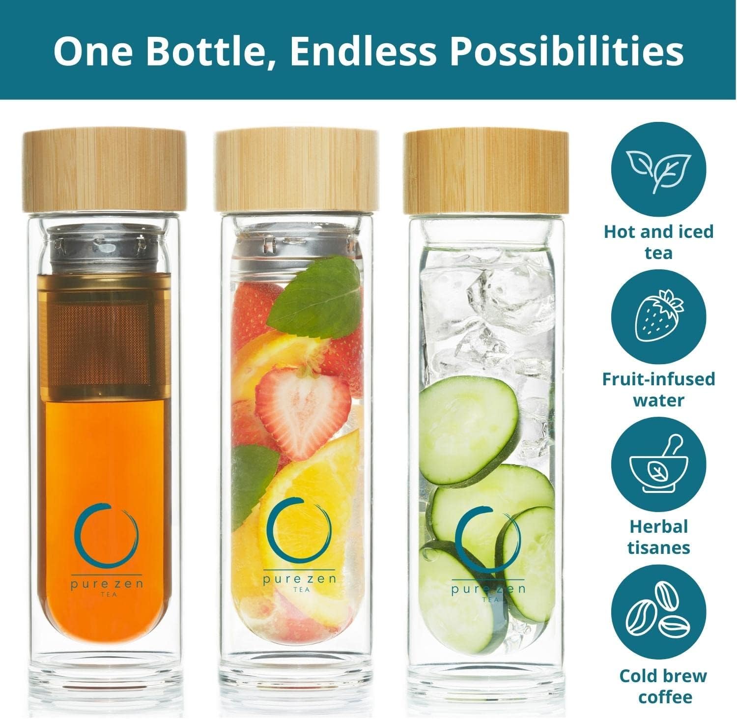 Pure Zen Tea Infuser Bottle - Insulated Glass Bottle for Loose Leaf Infusions - Tea Tumbler with Infuser - Portable Travel Mug for Infused Water - Thermos with Diffuser on the Go - 15 oz