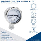 SENCTRL 0-20 Psi Pressure Cooker Canner Gauge Replacement Part, 2" Dial Size, Stainless Steel Case, 1/8" NPT Male Lower Mount, Waterproof, with Silicone Adapter and Nut, for Pressure Cooker Canning