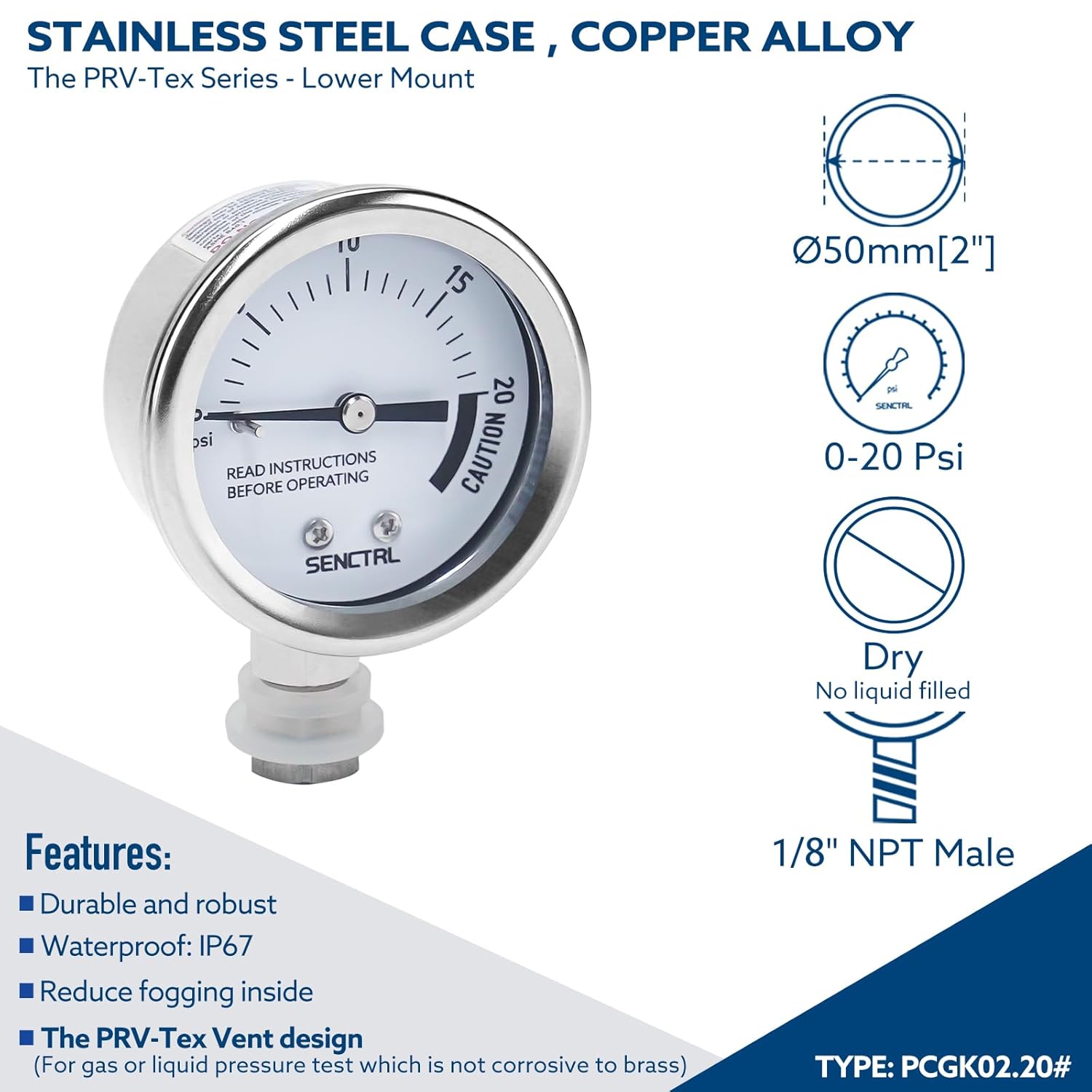 SENCTRL 0-20 Psi Pressure Cooker Canner Gauge Replacement Part, 2" Dial Size, Stainless Steel Case, 1/8" NPT Male Lower Mount, Waterproof, with Silicone Adapter and Nut, for Pressure Cooker Canning