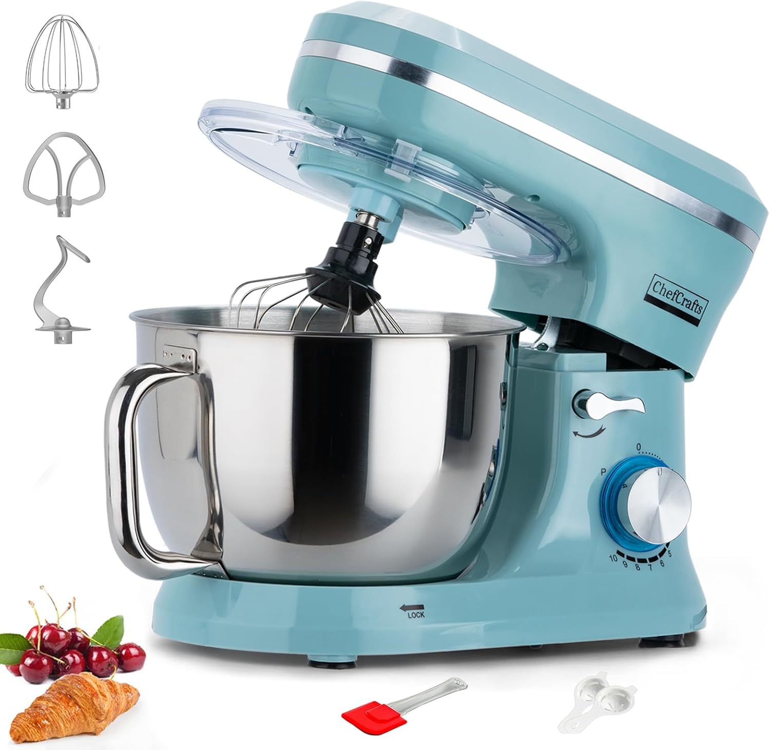 Electric Stand Mixer with 6.5 Quart Bowl, Household Food Mixer 10+p Speeds 660W, Kitchen Tilt-Head Bread Dough and Cake Mixers with Dough Hook, Whisk, Beater, Splash Guard and Egg Separator (Blue)
