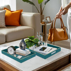 MAONAME Green Serving Tray Set of 2, Plastic Decorative Tray with Handles, Rectangular Coffee Table Trays for Ottoman, Nesting Trays for Living Room, Bedroom