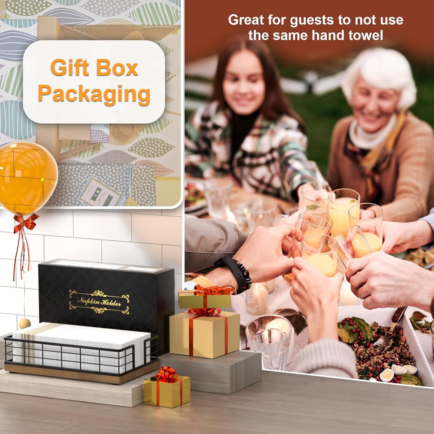 Wican Guest Towel Holder Tray for Bathroom, Oak and Iron Napkins Holder for Powder Room Dinning Table Wooden Basket for Disposable Paper Hand Towels Black and Brown