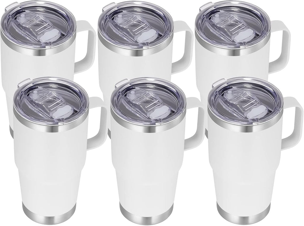 VEGOND 20 oz Tumbler Bulk with Handle Lid and Straw, Stainless Steel Insulated Travel Coffee Mug Set, Spill Proof Double Wall Metal Tumblers Cups, White 6 Pack