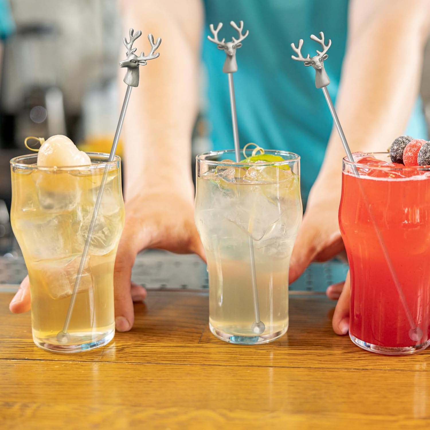 Swizzle Sticks,5 Pcs Stainless Steel Reusable Deer Head Shape Cocktail Stirrer Coffee Beverage Stir Sticks for Cocktail, Whiskey, Hot Cocoa, Creamer (Ancient Silver)